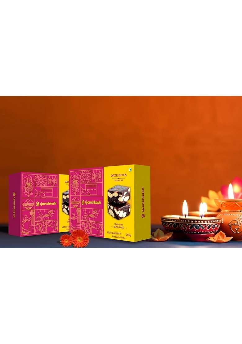 PANCHKOSH Premium Rose Kaju Katli & Date Bites Combo Pack - 500g | Barfi (250g) + Natural Made with Pure Desi Ghee Aromatic Indian Sweet Gift Box for Diwali, Rakhi, Weddings Corporate Gifting - Indya