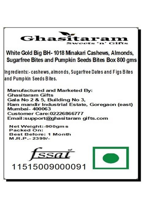 Ghasitaram Gifts White Gold Big BH- 1018 Minakari Cashews, Almonds,Sugarfree Bites,Pumpkin Seeds Bites Box 800gms|Sugar Free Sweets|Diabetic Friendly|Diwali Sugar Sweets