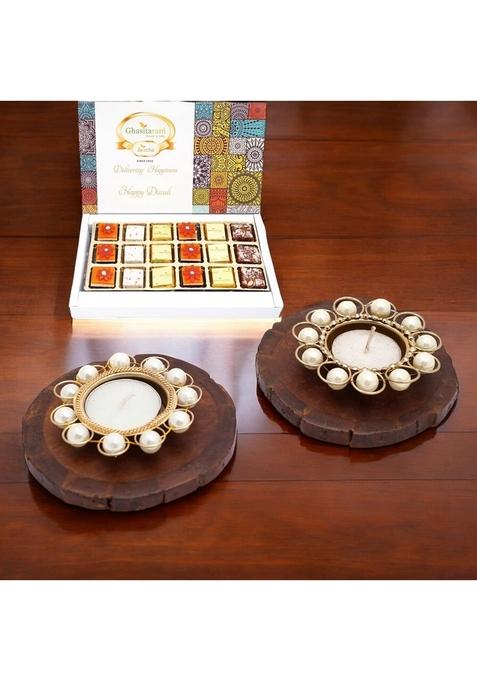 Ghasitaram Gifts Diwali - Coasters and T-Lites with Happy Assorted Bites Box 18 Pcs|Sweets|Sweets Gift Pack|Diwali Sweets|Indian Mithai|Diwali Sweets