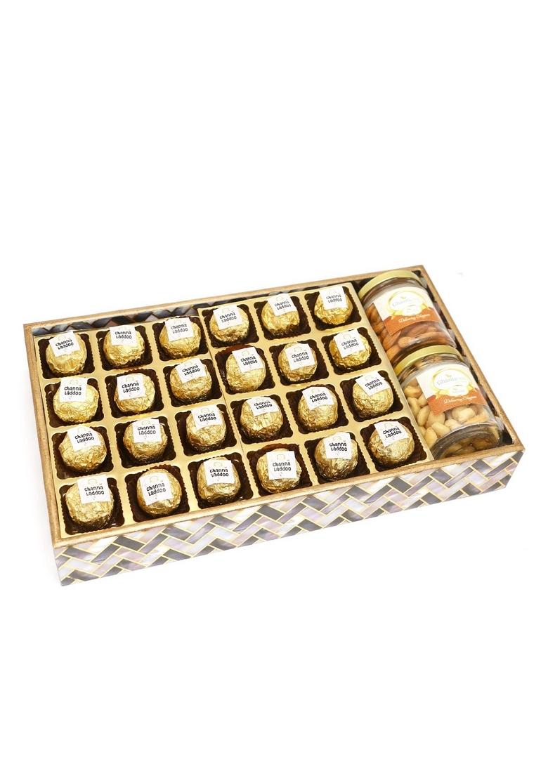Ghasitaram Big Printed Tray of Channa Laddoos, Roasted Cashews and Almonds Jars|Sweets|Sweets Gift Pack|Diwali Sweets|Indian Mithai|Diwali Sweets Box|Sweets Box