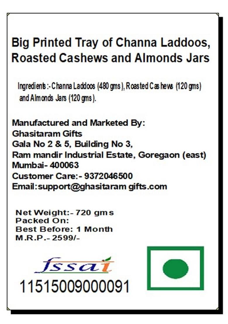 Ghasitaram Big Printed Tray of Channa Laddoos, Roasted Cashews and Almonds Jars|Sweets|Sweets Gift Pack|Diwali Sweets|Indian Mithai|Diwali Sweets Box|Sweets Box