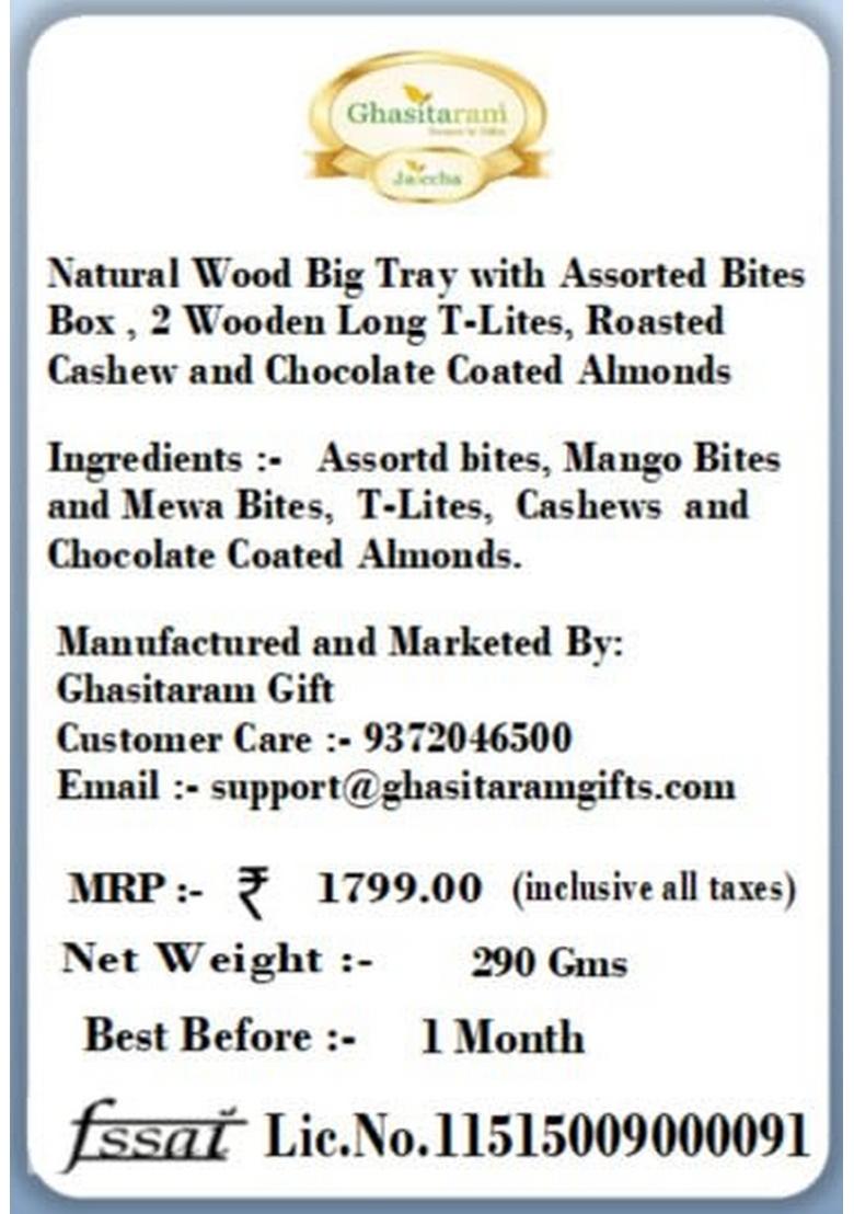 Ghasitaram Gifts Natural Wood Big Tray with Assorted Bites Box,2 T-Lites, Roasted Cashew and Chocolate Coated Almonds|Sweets|Sweets Gift Pack|Diwali Sweets|Indian Mithai|Diwali Sweets Box