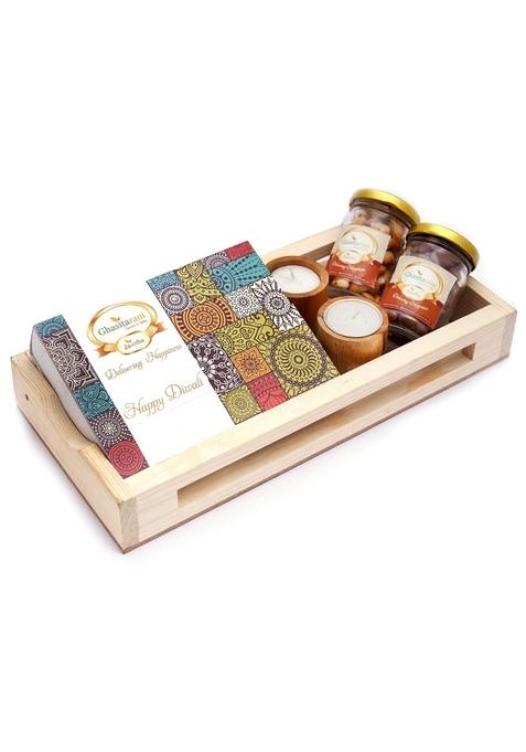 Ghasitaram Gifts Natural Wood Big Tray with Assorted Bites Box,2 T-Lites, Roasted Cashew and Chocolate Coated Almonds|Sweets|Sweets Gift Pack|Diwali Sweets|Indian Mithai|Diwali Sweets Box
