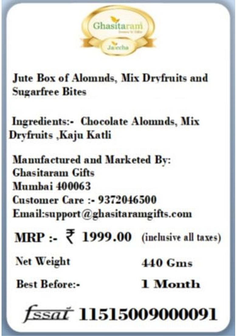 Ghasitaram Gifts Jute Box of Alomnds, Mix Dryfruits and Sugarfree Bites|Sugar Free Sweets|Diabetic Friendly|Diwali Sugar Sweets