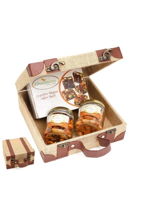 Ghasitaram Gifts Jute Box of Alomnds, Mix Dryfruits and Sugarfree Bites|Sugar Free Sweets|Diabetic Friendly|Diwali Sugar Sweets