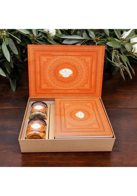 Ghasitaram Gifts Orange Hamper Box with exotic sweets,Crunchy Cashew and Flavour Raisins Jar|Gift Hamper|Diwali Gift Hamper|Food Hampers|Gourmet Hampers|