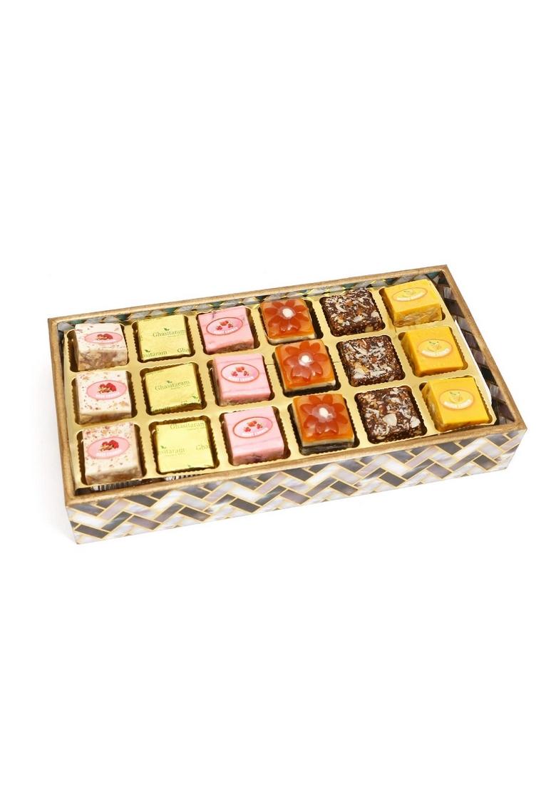 Ghasitaram Printed Blue Tray of Assorted Bites|Sweet|Sweet Gift Pack|Diwali Sweet|Indian Mithai|Diwali Box|