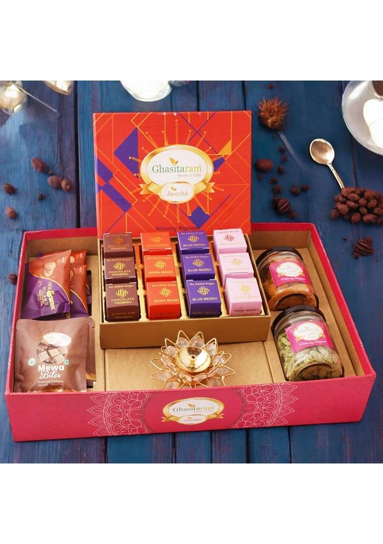 Ghasitaram Gifts Big Hamper Tray with Sugarfree Mewa Bites, diya,Crunchy Cashew,Flavour Raisins,Mewa bites Cookies|Sugar Free Sweets|Diabetic Friendly|Diwali Sugar Sweets Box - Indya