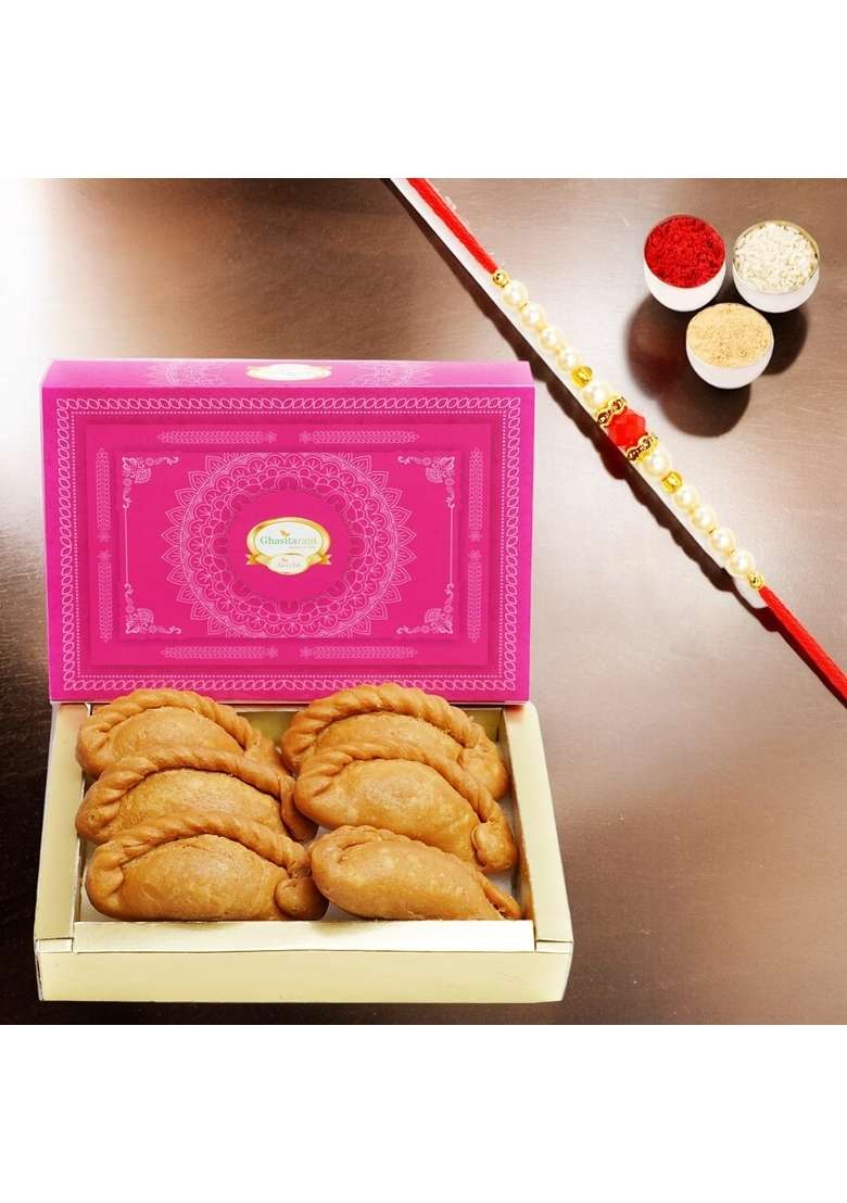 Ghasitaram Gifts Holi- Sweets/Holi Hampers/Sweets Healthy Wheat Desi Ghee Gujiya Box (200 g) with Rakhi - Indya