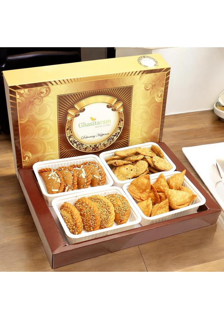 Ghasitaram Gifts Holi Sweets/Holi Gift/Holi Hampers/Big Box of Dry Sweet Gujiyas,Til/Sesame Gujiya,Farsan Samosas and Methi Mathi Hamper|Gift Hamper|Diwali Gift Hamper|Food Hampers|Gourmet Hampers