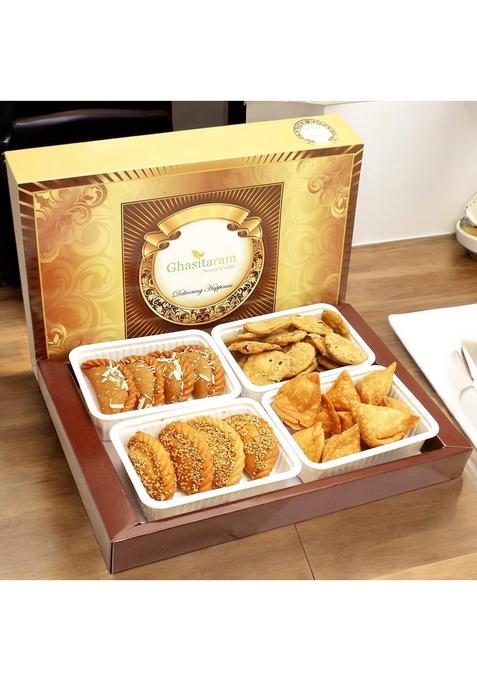 Ghasitaram Gifts Holi Sweets/Holi Gift/Holi Hampers/Big Box of Dry Sweet Gujiyas,Til/Sesame Gujiya,Farsan Samosas and Methi Mathi Hamper|Gift Hamper|Diwali Gift Hamper|Food Hampers|Gourmet Hampers