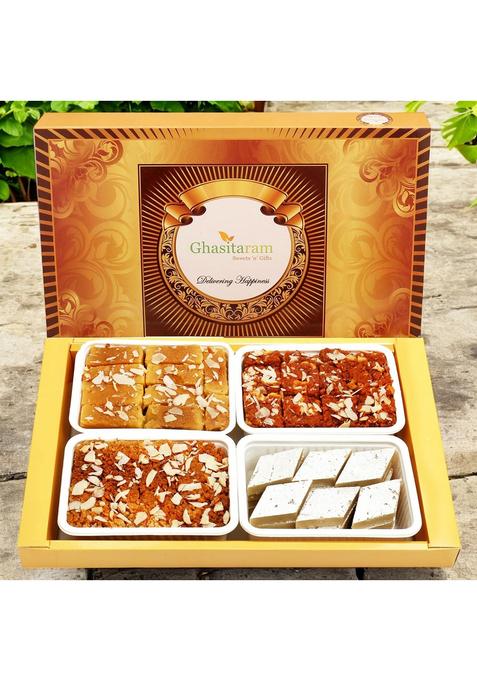Ghasitaram Gifts Diwali Big Box of Kaju Katli, Mysore Pak, Dodha Barfi and Milk Cake 800 GMS|Sweets Gift Pack|Diwali Sweets|Indian Mithai|Diwali Sweets Box|Sweets Box|Kaju Katli