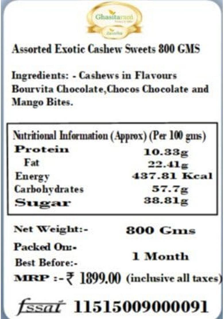 Ghasitaram Gifts Assorted Exotic Cashew Sweets 800 GMS|Sweets|Sweets Gift Pack|Diwali Sweets|Indian Mithai|Diwali Box|Sweets Box