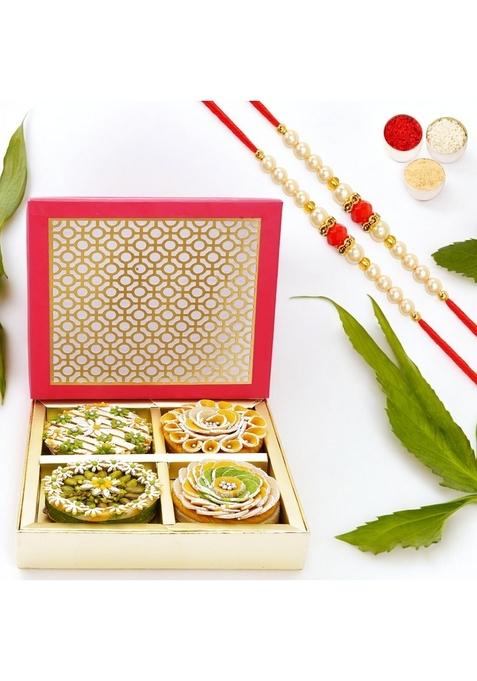 Ghasitaram Gifts Rakhi Gifts/ Sweets - Mini Mithai Cakes in Carving Box with 2 Pearl Beads