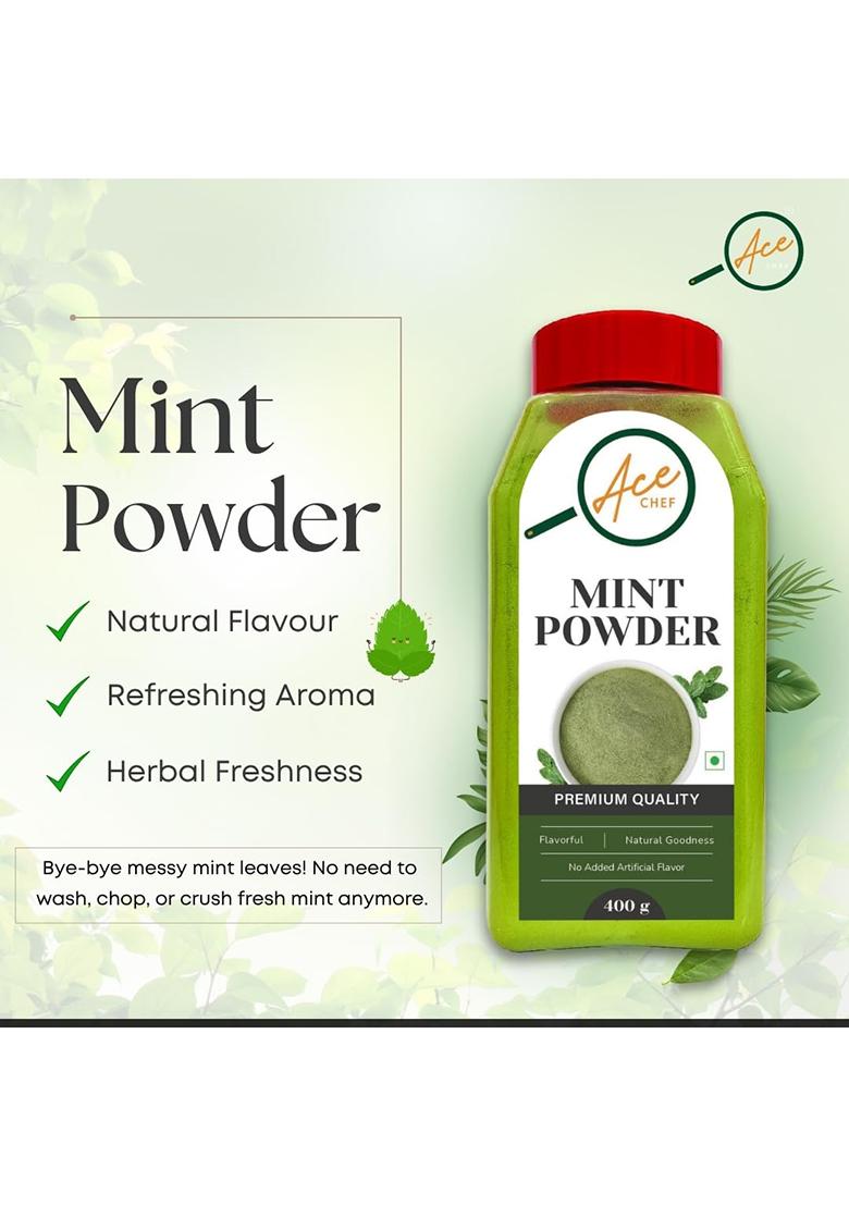 Acechef Ace Chef Premium Mint Powder 400G | Natural Dehydrated Pudina No Added Artificial Flavour Fresh, Flavourful, Herbal Seasoning For Cooking, Chutney, Beverages & Garnish