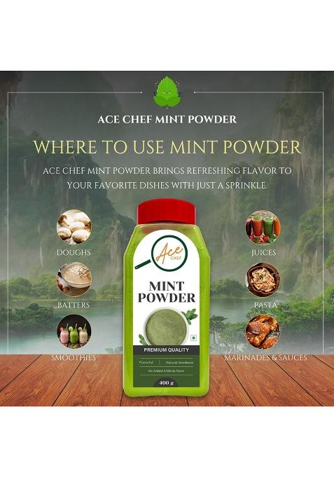 Acechef Ace Chef Premium Mint Powder 400G | Natural Dehydrated Pudina No Added Artificial Flavour Fresh, Flavourful, Herbal Seasoning For Cooking, Chutney, Beverages & Garnish