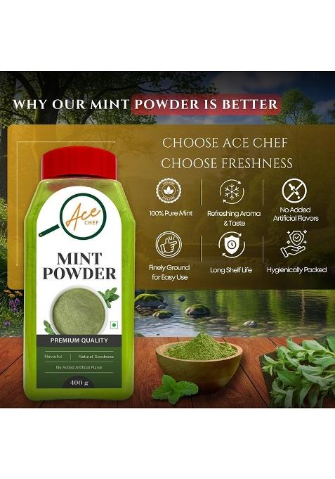Acechef Ace Chef Premium Mint Powder 400G | Natural Dehydrated Pudina No Added Artificial Flavour Fresh, Flavourful, Herbal Seasoning For Cooking, Chutney, Beverages & Garnish