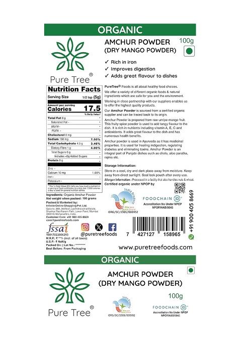 Pure Tree Certified Organic Amchur Powder | 100 G Dry Mango Amchoor For Chutney, Pickle, And Fruit Salad