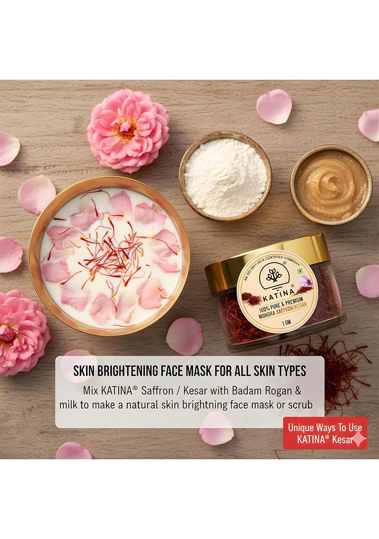 Katina Pure Original Kashmiri Saffron Mongra / Kesar Kumkuma Puvvu (1Gm) | Certified Highest Grade-A Keshar For Pregnant Women, Pooja Rituals, Biryani, Milk, Sweets, Tilak , Gifting & Food Aroma