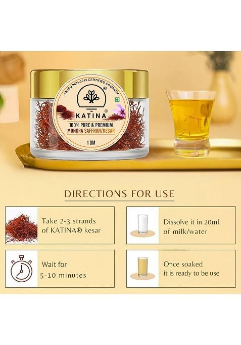 Katina Pure Original Kashmiri Saffron Mongra / Kesar Kumkuma Puvvu (1Gm) | Certified Highest Grade-A Keshar For Pregnant Women, Pooja Rituals, Biryani, Milk, Sweets, Tilak , Gifting & Food Aroma