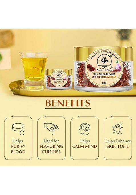 Katina Pure Original Kashmiri Saffron Mongra / Kesar Kumkuma Puvvu (1Gm) | Certified Highest Grade-A Keshar For Pregnant Women, Pooja Rituals, Biryani, Milk, Sweets, Tilak , Gifting & Food Aroma