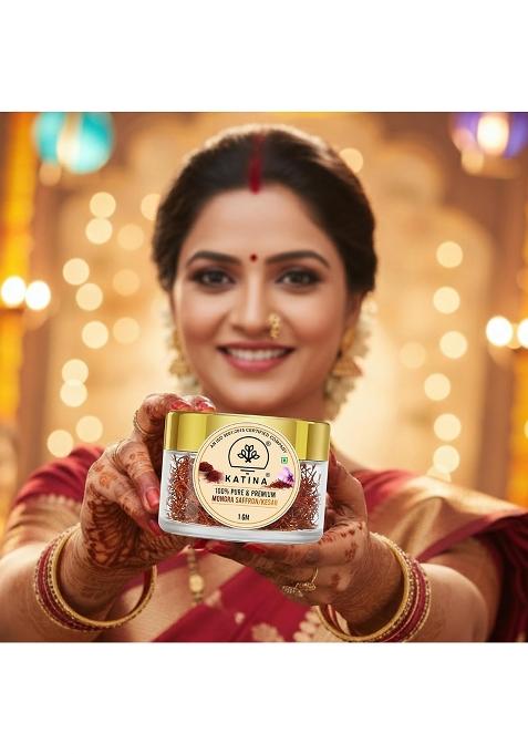 Katina Pure Original Kashmiri Saffron Mongra / Kesar Kumkuma Puvvu (1Gm) | Certified Highest Grade-A Keshar For Pregnant Women, Pooja Rituals, Biryani, Milk, Sweets, Tilak , Gifting & Food Aroma