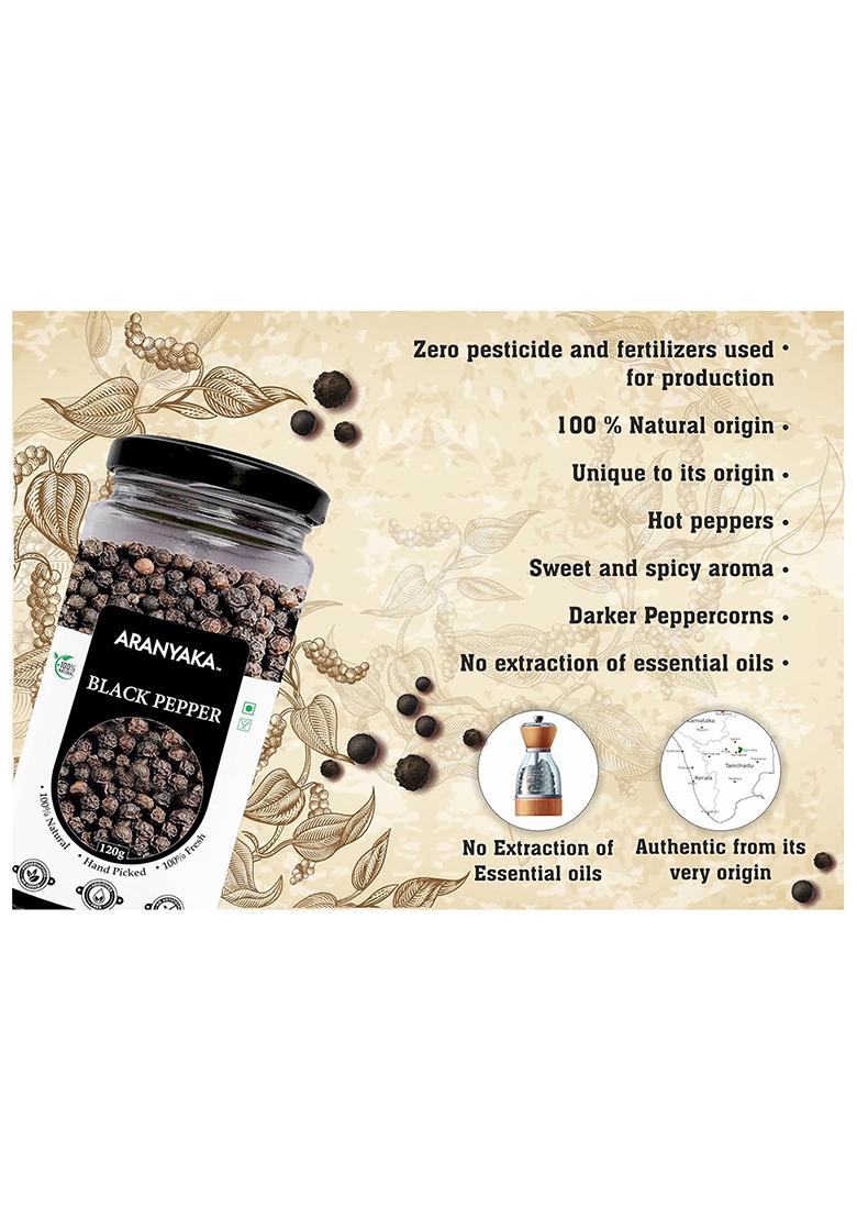 Aranyaka Kolli Hills Black Pepper | High-Range Whole Peppercorns 120G Traditionally Harvested From Kollimalai Special Bold/Premium 100% Natural & Pure Pesticide-Free Zero Preservatives Reusable Glass Packaging|