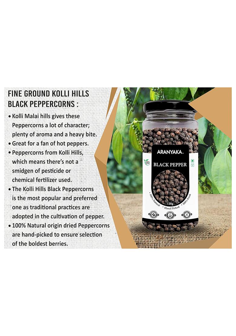 Aranyaka Kolli Hills Black Pepper | High-Range Whole Peppercorns 120G Traditionally Harvested From Kollimalai Special Bold/Premium 100% Natural & Pure Pesticide-Free Zero Preservatives Reusable Glass Packaging|