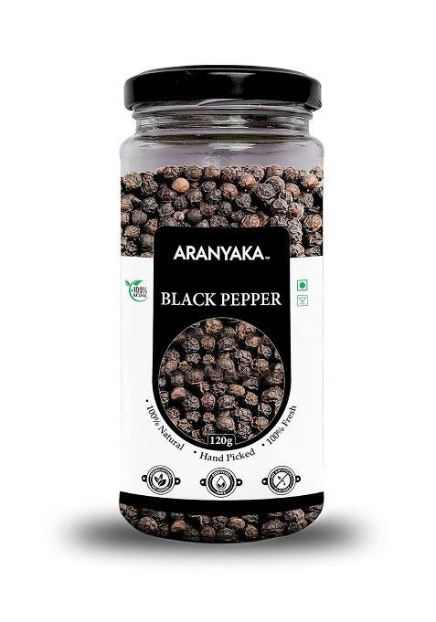 Aranyaka Kolli Hills Black Pepper | High-Range Whole Peppercorns 120G Traditionally Harvested From Kollimalai Special Bold/Premium 100% Natural & Pure Pesticide-Free Zero Preservatives Reusable Glass Packaging|