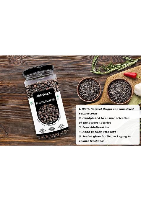 Aranyaka Kolli Hills Black Pepper | High-Range Whole Peppercorns 120G Traditionally Harvested From Kollimalai Special Bold/Premium 100% Natural & Pure Pesticide-Free Zero Preservatives Reusable Glass Packaging|