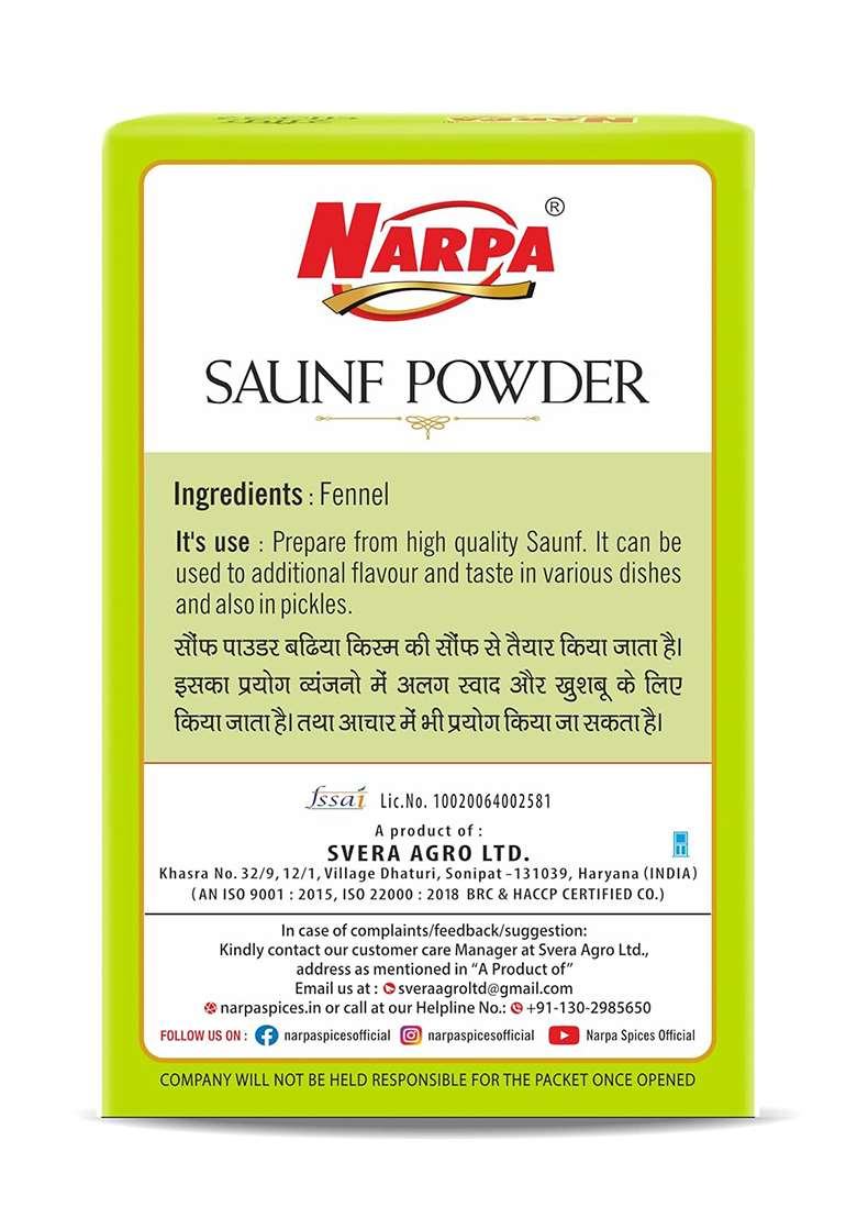 Narpa Saunf Powder 100G (1 Masala Free! Worth 20 Randomly Picked From 26 Varieties)|Fresh, 100% Natural & Perfect For Cooking Herbal Tea - Indya