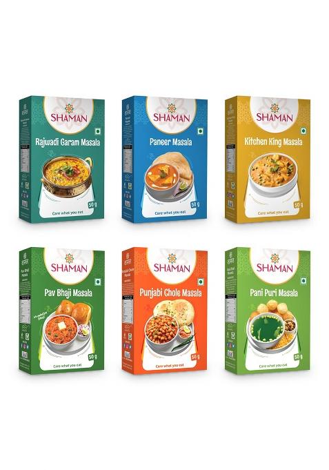 Shaman Spices Craving Essential Masala Combo Pack Of 6 Rajwadi Garam Masala, Paneer, Kitchen King, Pav Bhaji, Chhole & Pani Puri Powder, 50 G Each | No Added Color Or Preservatives Authentic