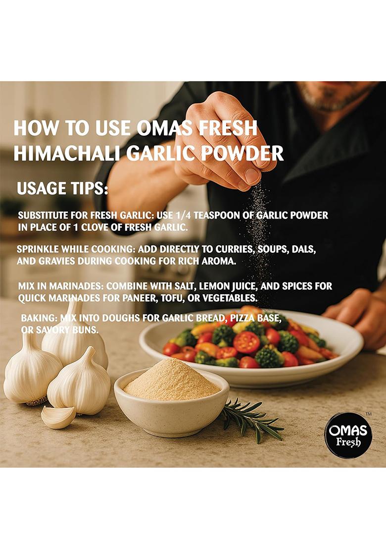 Omas Fresh Himachal Garlic Dry Powder For Breads, Naan, Dips, Soup, Sabji, Sauces (Dehydrated Ground Garlic) | 100% Pure Lehsun Ready To Use No Preservative (250G)