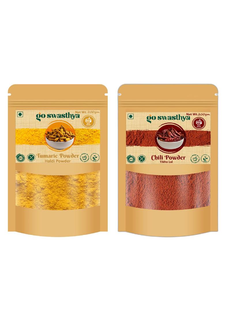 Goswasthya Turmeric Haldi And Red Chilli Mirchi Powder | Preservatives Free Indian Spices Pack Of 2 400 Gram