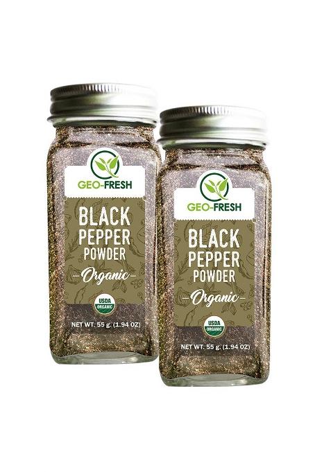 Geo-Fresh Organic Black Pepper Powder, 55G (Pack Of 2) | Peppercorn, Kali Mirch, Nalla Miriyalapudi Anti-Oxidant & Anti - Inflammatory| Boost Immunity, Imrpove Digestion| As Sprinkler In Omlet, French Fries, Popcorn| 100% Organic, Non-Gmo, Usda Certified, Jaivik Bharat Certified