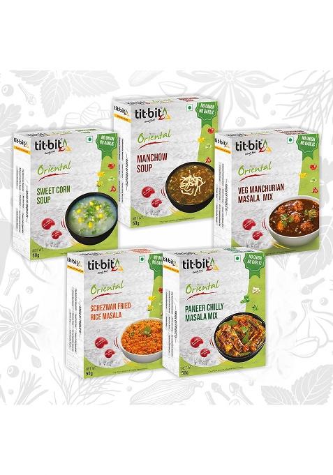 Tit-Bit No Onion Garlic - Sweet Corn Soup, Manchow Veg Manchurian Mix, Schezwan Fried Rice Masala, Paneer Chilly Masala Quick & Easy To Make Pack Of 5-(250)