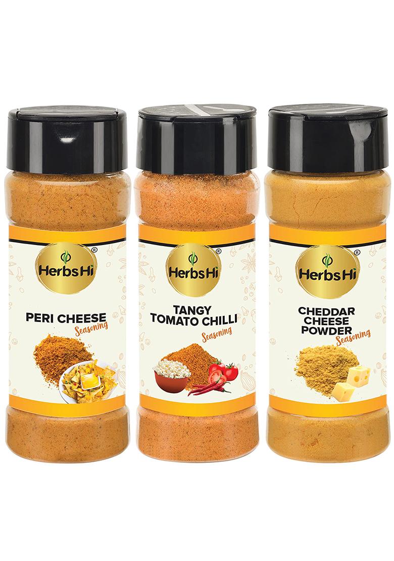 Herbshi Popcorn Seasoning Combo|Peri Cheese (55Gm),Tomato Chilli (55Gm),Cheddar Powder (55Gm)|Instant Spice Mix|For Pasta,Sauces,Pizzas,Eggs,Dips,Popcorn,Fries,Chips,Nachos,Makhana