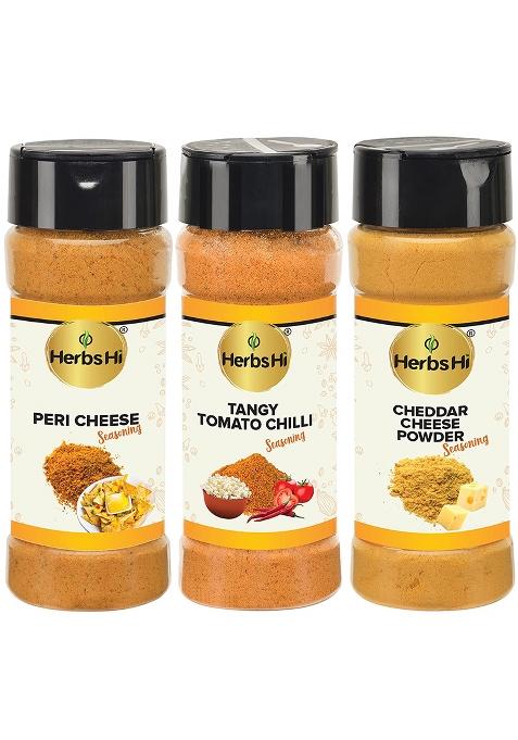 Herbshi Popcorn Seasoning Combo|Peri Cheese (55Gm),Tomato Chilli (55Gm),Cheddar Powder (55Gm)|Instant Spice Mix|For Pasta,Sauces,Pizzas,Eggs,Dips,Popcorn,Fries,Chips,Nachos,Makhana