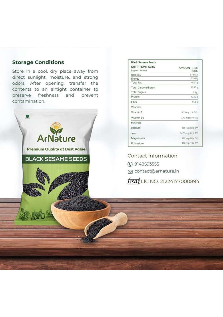 Arnature Black Sesame Seeds 500G | Unpolished, Fresh Raw For Eating Rich In Calcium, Protein & Iron Natural Energy Booster - Indya