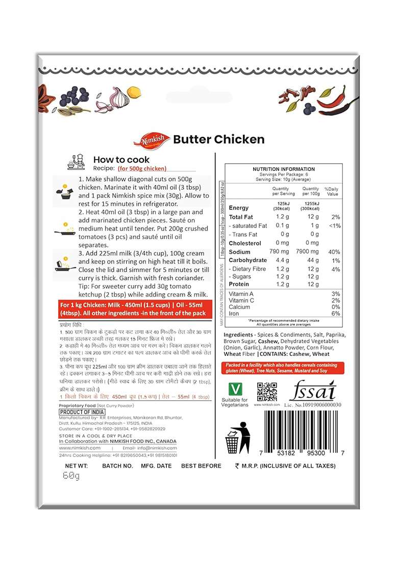 Nimkish Butter Chicken Masala 60G (Pack Of 2, 30G Each), Ready To Cook Spice Mix, Tasty Authentic Meals, Premix - Indya