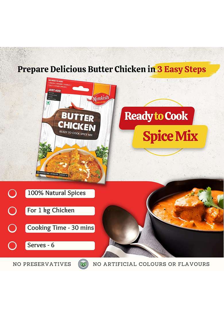 Nimkish Butter Chicken Masala 60G (Pack Of 2, 30G Each), Ready To Cook Spice Mix, Tasty Authentic Meals, Premix - Indya