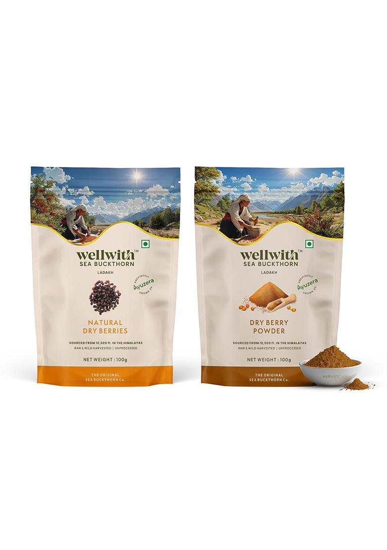 Ayuzera Wellwith By Seabuckthorn Dry Berries (100G) & Sea Buckthorn Berry Powder | Himalayan Wild Rich In Omega 3,6 7,9 Antioxidants Vitamin C Skin And Health