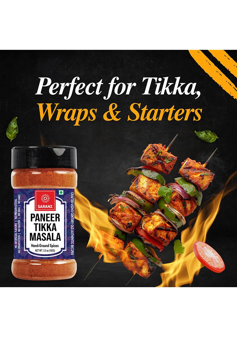 Saranz Paneer Tikka Jain Blended Masala Perfect For Cooking, Ready To Use, No Added Colours, Spice Powders And Masalas, Premium Artisanal Spices With Rich & Strong Flavour-100 Grams Sprinkler Jar