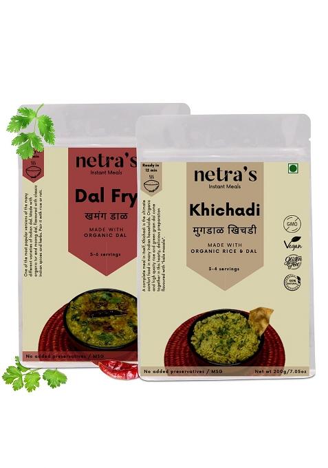 Netra'S Netra S Quick-Prep Dal Fry & Khichadi Combo Pack 200G Each, 4 Servings | 100% Natural Preservative-Free Ready-To-Cook Healthy Meals For Lunch, Dinner, Travel Camping