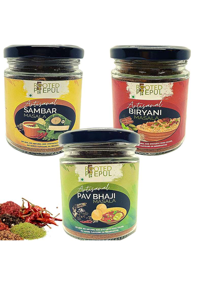 Rooted Peepul Artisanal Biryani Masala, Sambar Pav Bhaji Masala| Less Chilli More Spice (75G X 3) - Indya