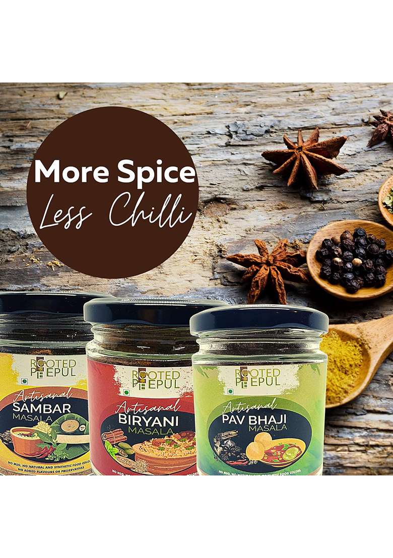 Rooted Peepul Artisanal Biryani Masala, Sambar Pav Bhaji Masala| Less Chilli More Spice (75G X 3) - Indya