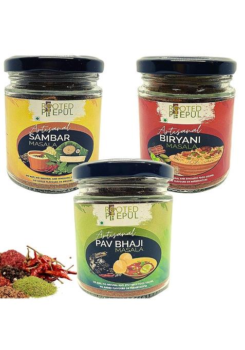 Rooted Peepul Artisanal Biryani Masala, Sambar Pav Bhaji Masala| Less Chilli More Spice (75G X 3)