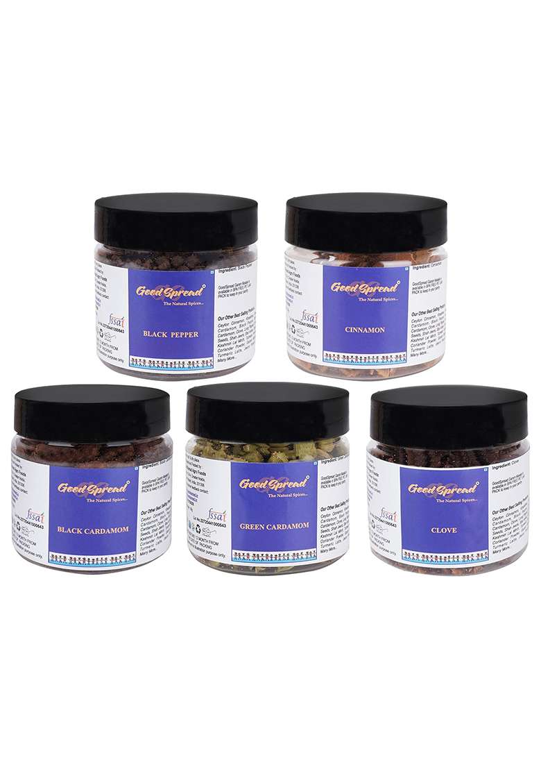 Goodspread Organically Grown Super Saver Combo Of 5 Spices Green Cardamom, Black Pepper, Clove & Cinnamon Sticks 50 Grams Each - Indya