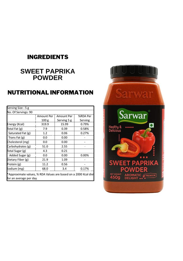 Sarwar Sweet Paprika Powder 450G | 100% Pure, Natural Spice Aromatic, Mild & Flavorful No Added Color, Gluten-Free, Vegan Ideal For Indian, Bbq, Continental Cooking Seasoning