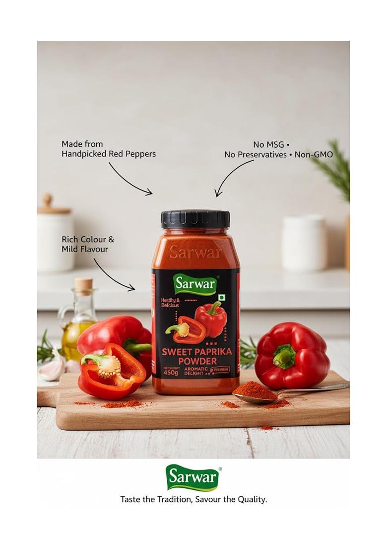 Sarwar Sweet Paprika Powder 450G | 100% Pure, Natural Spice Aromatic, Mild & Flavorful No Added Color, Gluten-Free, Vegan Ideal For Indian, Bbq, Continental Cooking Seasoning